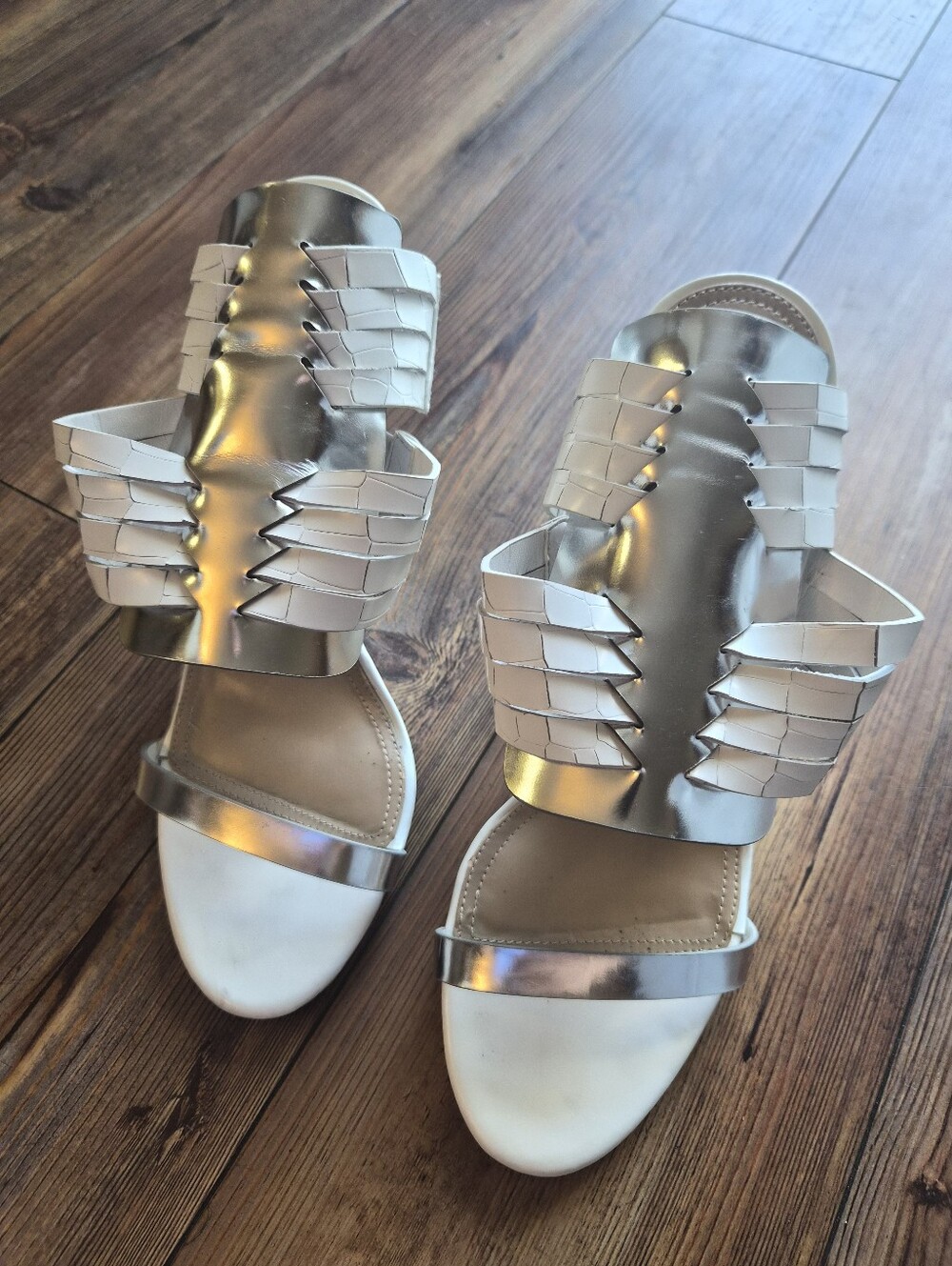 BCBGMaxAzria Vanny White and Metallic Silver Wedge Sandals- Size 10 - Picture 2 of 11